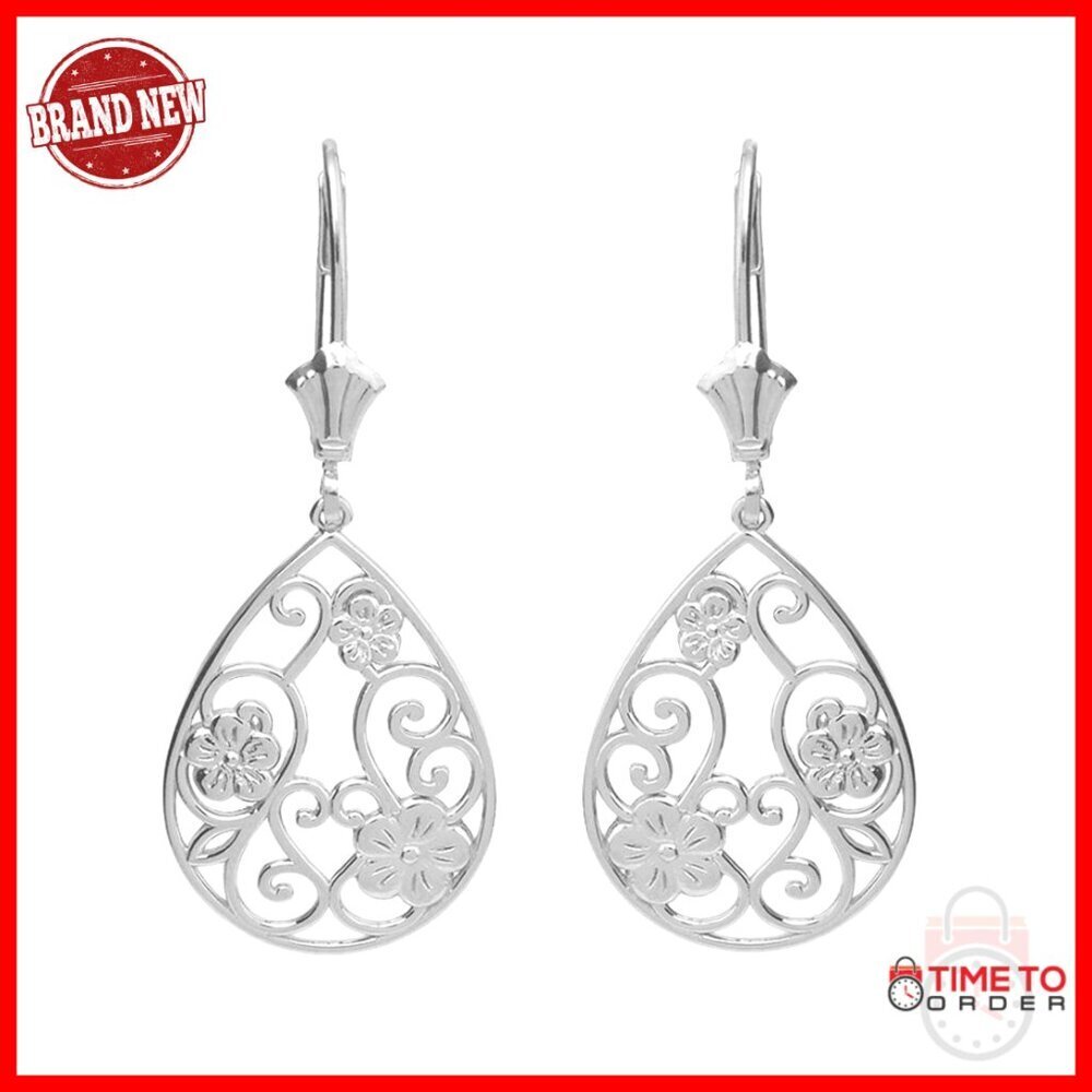 Sterling Silver Floral Teardrop Dangle Earrings Leverback 1.41"